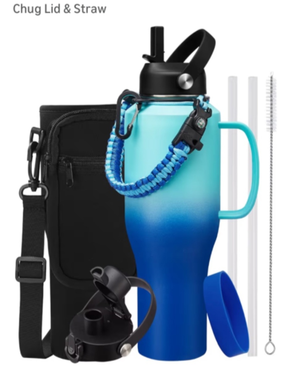 NIB 40 oz SS Water Bottle w Carrier Phone Holder Straws & Brush Paracord Handle